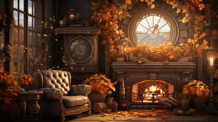 Decorated living room with golden autumn leaves wreath over fireplaceの素材