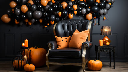 Festive decorations of the room for Halloween. A garland on the wallの素材