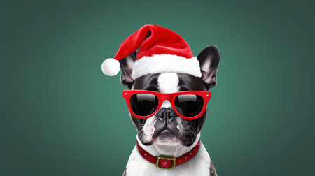 A happy and cheerful Boston Terrier dog in a Santa Claus hat and sunglassesの素材