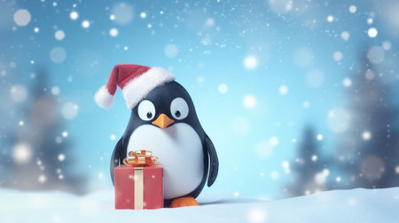 winter penguin with gift box. Winter cartoon penguins wearing Santa hatsの素材