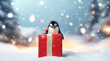 winter penguin with gift box. Winter cartoon penguins wearing Santa hatsの素材