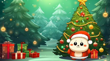 Christmas card with bear doll wearing santa costume and Christmas treeの素材