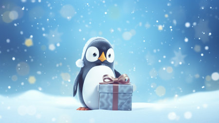 winter penguin with gift box. Winter cartoon penguins wearing Santa hatsの素材