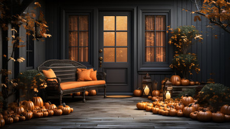 Home entrance decorated for Halloween. Evening view of a beautiful Halloween decoratedの素材