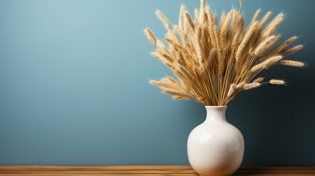Picture frame mockup with wooden box of decorative pumpkins, small vase of dry wheat on tableの素材