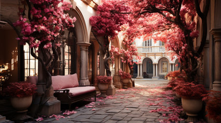 interior streets decoration with flowers on pillars in autumn bright red plantsの素材