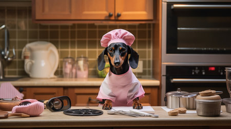 Black and tan dachshund cooker wearing white chef hat and robe and a pink bow tie in the kitchenの素材