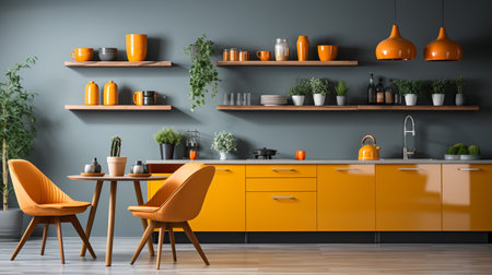 Interior of modern comfortable kitchen. Multicolored cups and teapotの素材