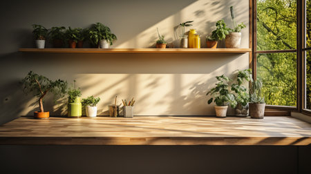 interior of kitchen and desk and leaves mock upの素材
