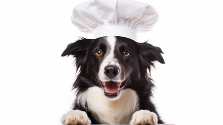 Funny puppy dog border collie in chef cooking hat isolated on white backgroundの素材