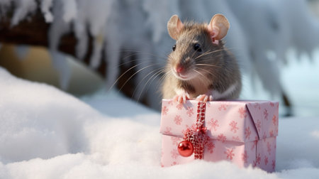 Rat with gift box in snowの素材