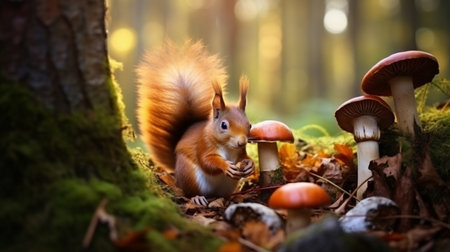 Cute hungry Red Squirrel eating a nut in a forest covered with colorful leaves and a mushroomの素材