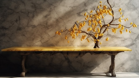 Glass vase with yellow twigs of blossoming cherry on white background. Generative AIの素材