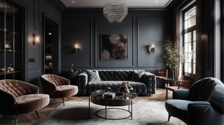 Modern interior design of a living room in an apartment with background of dark walls. Generative AIの素材