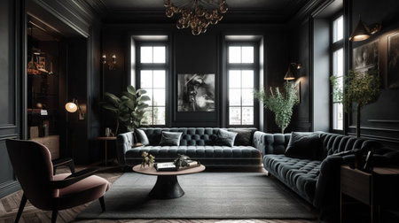 Modern interior design of a living room in an apartment with background of dark walls. Generative AIの素材