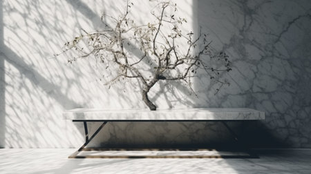 Glass vase with white twigs of blossoming cherry on white background. Generative AI.の素材