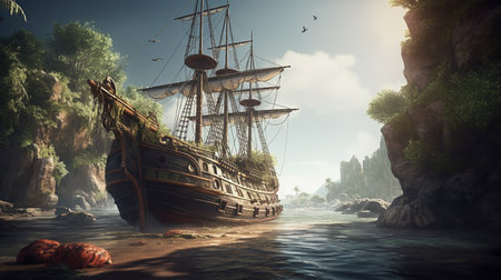 Pirate ship sailing on sunset cruise with fairy tale. Generative AIの素材