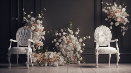 Decorations for wedding ceremony. Flower set up on chair. Generative AIの素材