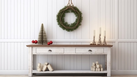 Christmas farmhouse entryway. Wooden console table near white wall. Interior mockupの素材