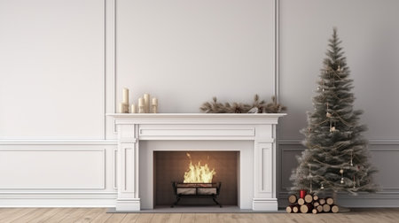 Christmas Interior with fireplace. Farmhouse style. Interior mockupの素材