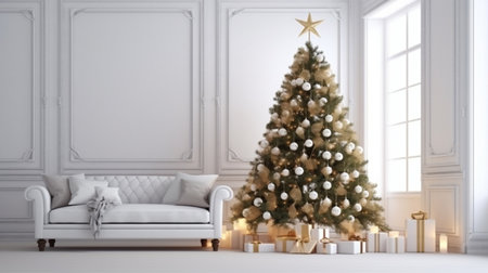 Living Room Christmas interior in Scandinavian style. Christmas tree with gift boxesの素材