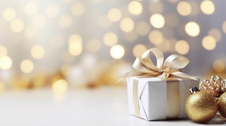 beautiful gift with Christmas ornaments, blank space, highly detailedの素材
