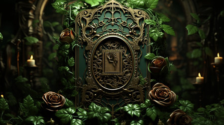 Beautiful green background with roses and cards in keyholeの素材