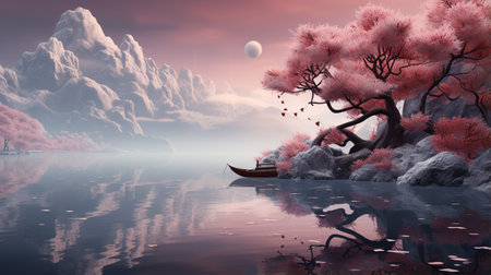 beautiful fantasy fog landscape with lake, surrealismの素材