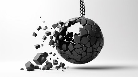 black swinging wrecking ball crashing into a wall on white backgroundの素材