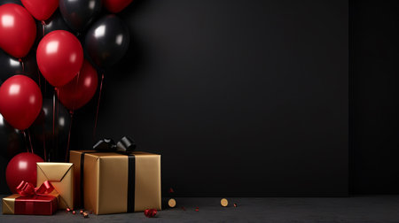 blank space between golden gift box, black balloon, and red balloonの素材