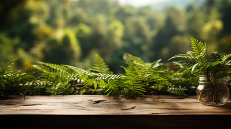 blurred tropical forest background empty soft wood tableの素材