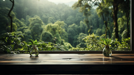 Empty wood table top and Blur light reflection green palm leaves or treeの素材