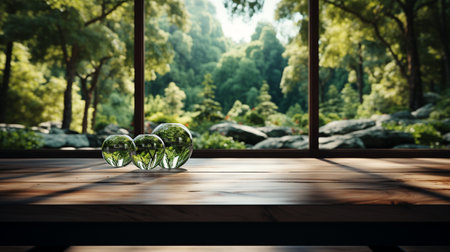 blurred window on tropical forest background empty white wood tableの素材