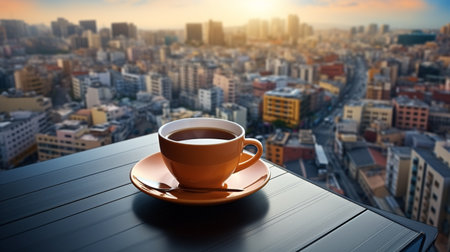 blurred busy city background looked from the window a cup of tea on the wooden tableの素材
