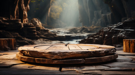 blurred waterfall background small empty circle wooden podium on the leftの素材