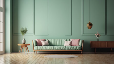 green mint wall with sofa & sideboard on wood floor-interior. Generative AIの素材