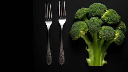 Broccoli and cutlery on a black backgroundの素材