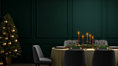Bottle green dining room with table set for Christmas dinnerの素材