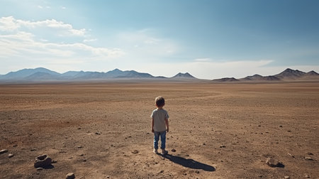 the little boy stood in front of a vast expanse of barren land shot from behind. Generative AIの素材