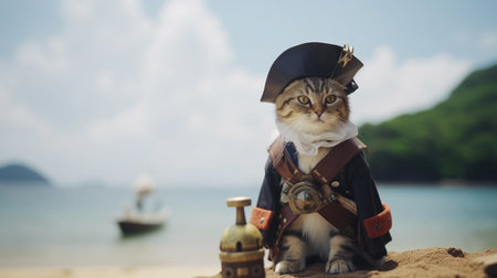 gentle cat wearing pirates uniforms, stand on pirates ship on beach background. Generative AIの素材