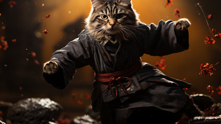 a full body potrait, cat wearing samurai uniforms. Generative AIの素材
