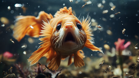 A fish with wide open mouth and big eyes in fishtank, Surprised, shocked or amazed face. Generative AIの素材