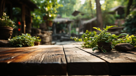 Wood table top on blur with garden flower background. For montage product display. Generative AIの素材