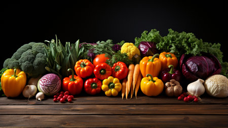 Assorted colorful autumn vegetables on wooden table. Generative AIの素材