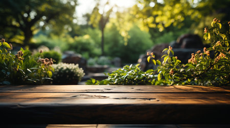 Wood table top on blur with garden flower background. For montage product display. Generative AIの素材