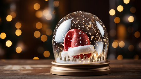 Christmas magic glass dome with white snowball and Santa Claus hat on magic glassの素材
