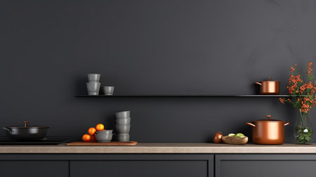 dark gray wall in modern style interior design background modern kitchen, dashboard, stainless steel appliancesの素材