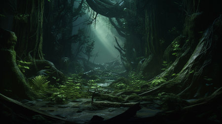 Deep Forest. Fantasy Backdrop. Concept Art. Realistic Illustration. Video Game Digital CG Artwork Backgroundの素材