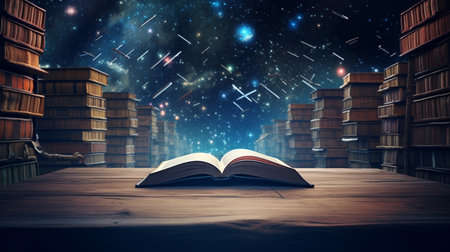 Education learning concept with opening book or textbook in old library with starry nightの素材