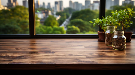 Kitchen wooden table top and kitchen blur background interior style scandinavianの素材